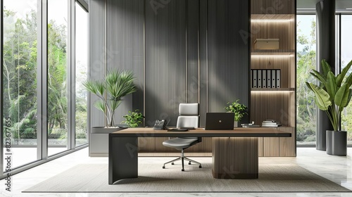 modern office interior with work desk and laptop panoramic window 3d rendering