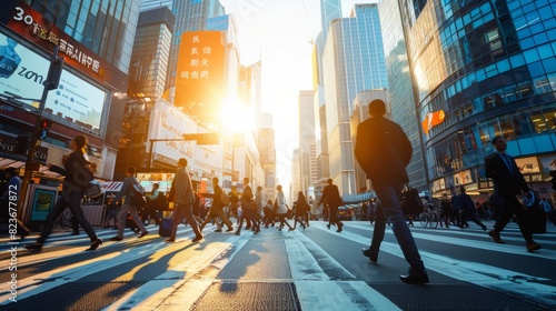 Businessmen crossing street in bustling city with bright sunlight and modern architecture. photo