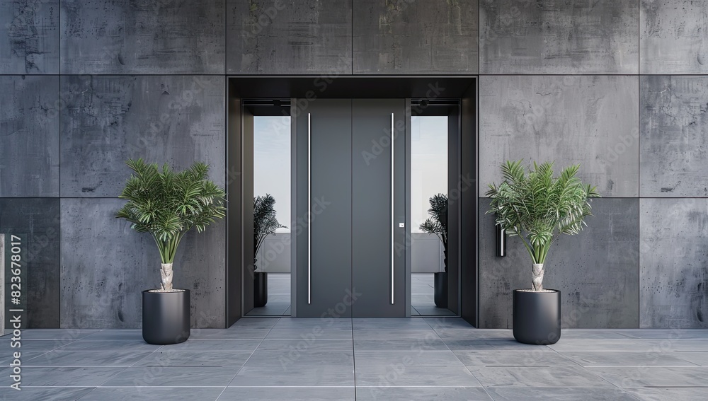 Modern Building Entrance with Potted Plants