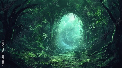 mysterious cave entrance beckoning from dense forest depths digital painting