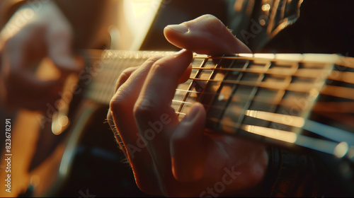 Closeup of hands playing guitar, focusing on the fingers and strings with a shallow depth of field, setting with a blurred background. photo