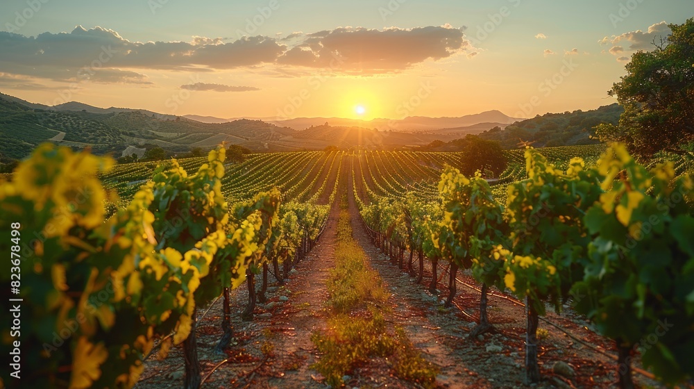 Naklejka premium Sunlit Vineyard at Sunset