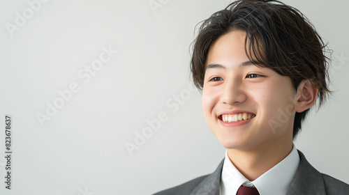 教育を受ける若い日本人男性学生、白バックの制服姿で笑顔が素敵な高校生のポートレート