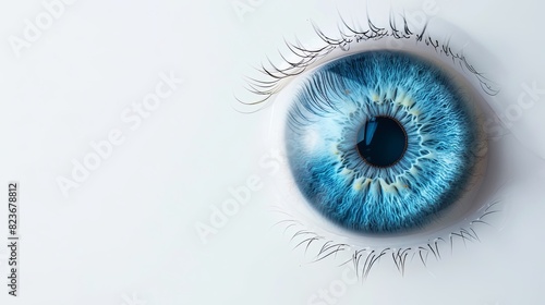 Close-Up of Vibrant Blue Eye on White Background with Copy-Space.
