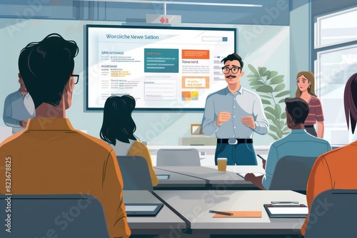 A charming 2D illustration of a new employee orientation session. The scene depicts a group of new hires seated in a modern conference room, attentively listening to a presentation by a company photo