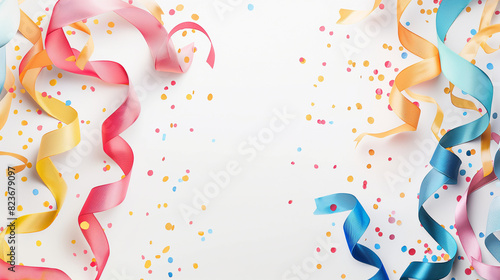 Colorful streamers and confetti on white background Birthday party decoration Celebration concept photo