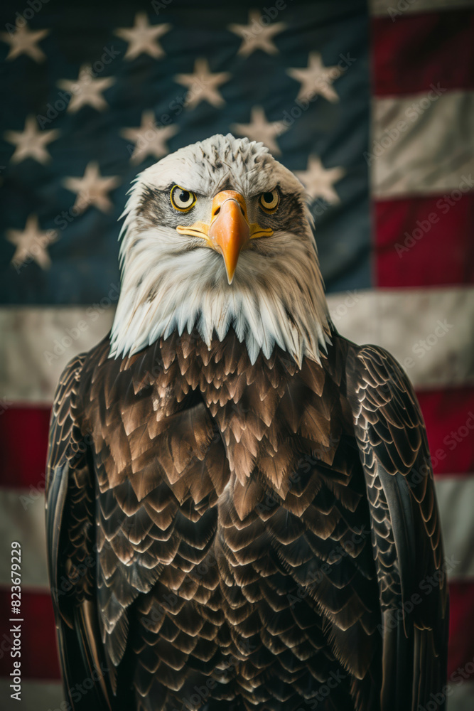 Naklejka premium A bald eagle stands in front of the American flag