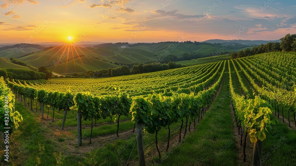 panoramic view of lush green vineyard at sunset capturing tranquil summer ambiance landscape photography