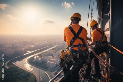 Two industrial abseilers in orange gear are seen working together on the side of a tall building. They are installing safety equipment to enhance the structure photo
