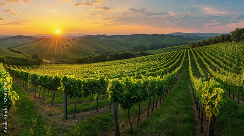 panoramic view of lush green vineyard at sunset capturing tranquil summer ambiance landscape photography