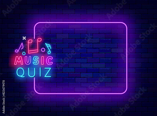 Music quiz neon advertising. Television melody show and game. Guess song trivia night poster. Empty purple frame and typography with notes. Funny competition. Editable stroke. Vector illustration