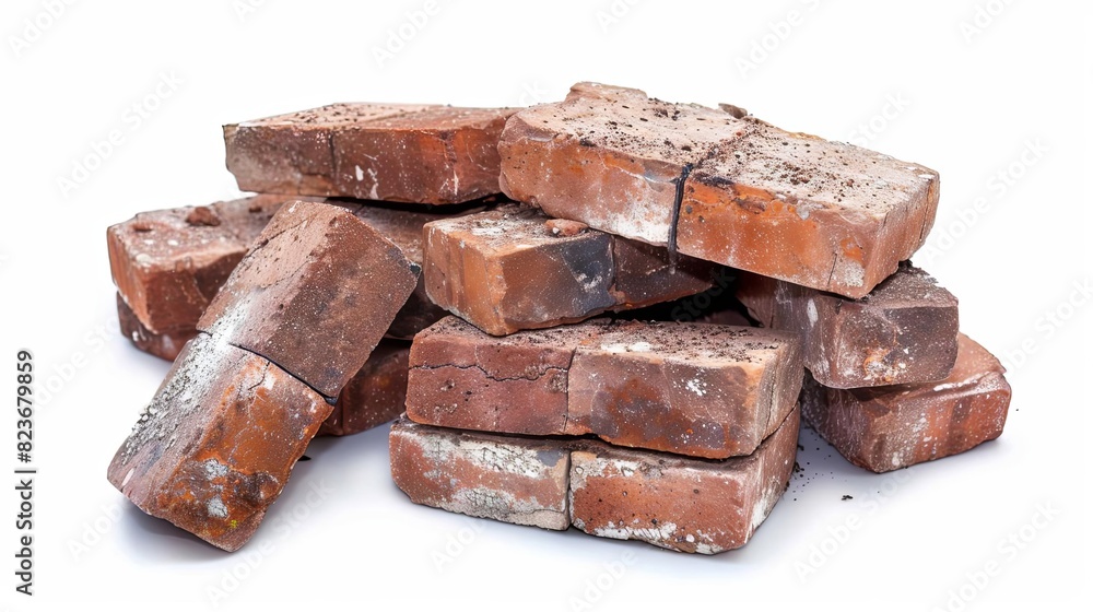 pile of old weathered red bricks isolated on white background masonry construction material pile of old weathered red bricks isolated on white background masonry construction material
