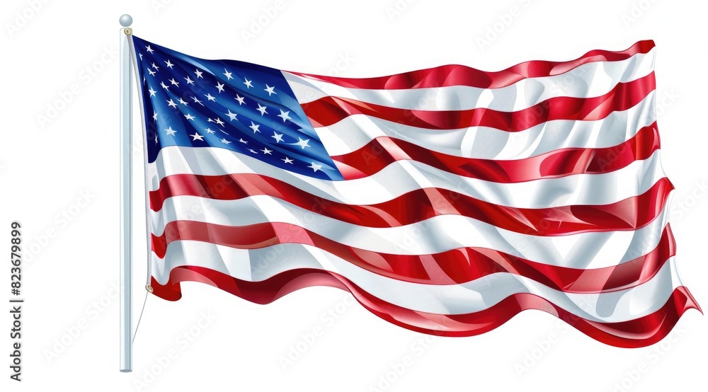 Obraz premium The American flag is waving in the wind, white background