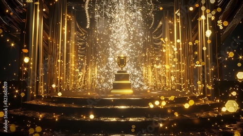 Create a 3D rendering of a golden trophy sitting on a pedestal in a grand hall photo