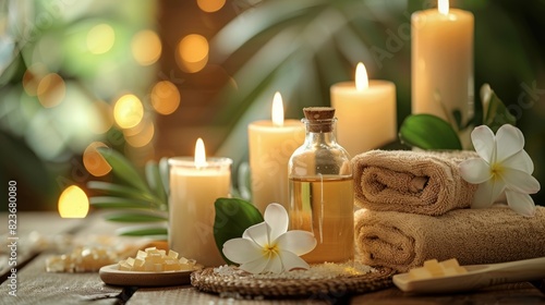 Relaxing spa scene with candles cream and oils warm glow.