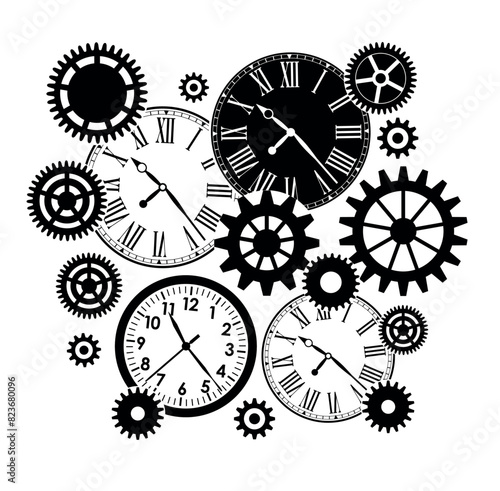 Black and white drawing of clocks and gears on white background