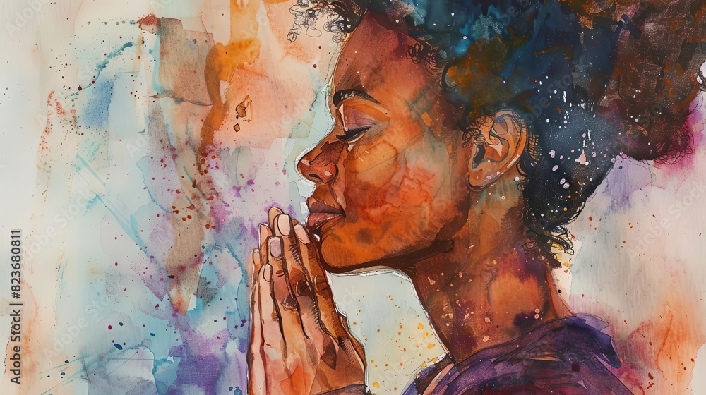 prayerful young african american woman with clasped hands watercolor illustration