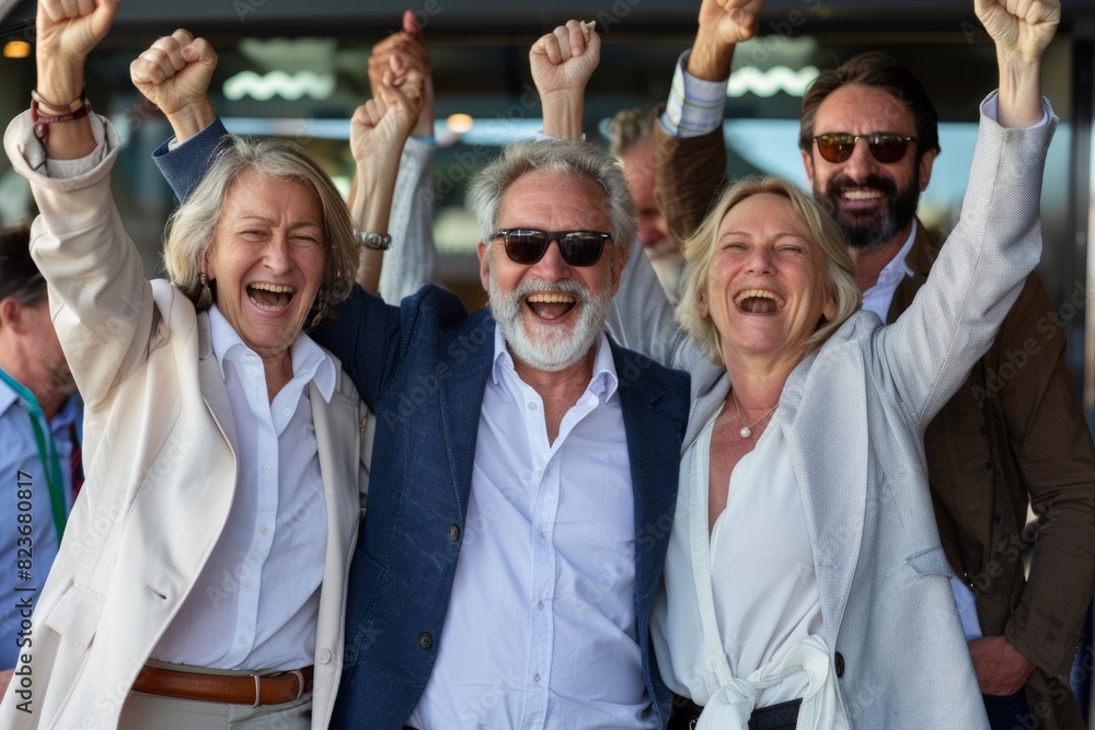Group of happy senior people celebrating success with arms raised in the air Group of happy senior people celebrating success with arms raised in the air