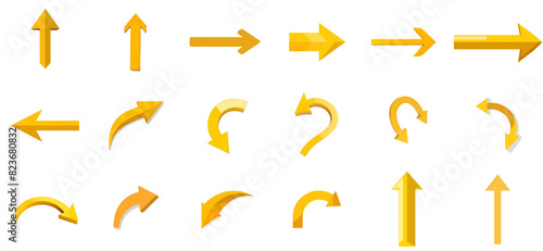Collection of yellow arrows in various directions, straight and curved lines, isolated on transparent background, Generative AI