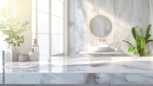 pristine white bathroom interior with marble vanity top blurred background product display mockup minimalist home design aigenerated digital art