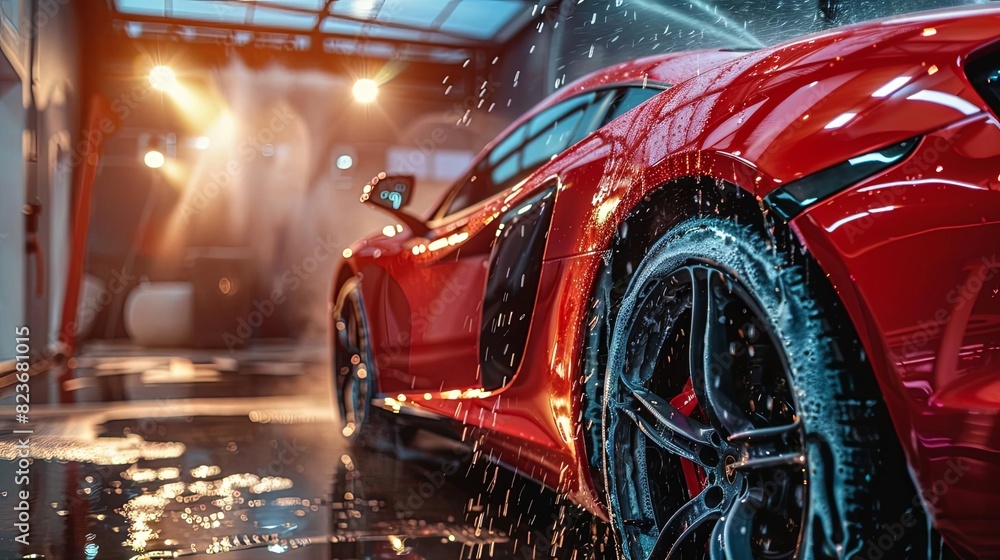 professional car wash expert cleaning red sports car with highpressure water spray luxury vehicle detailing service professional car wash expert cleaning red sports car with highpressure water spray luxury vehicle detailing service
