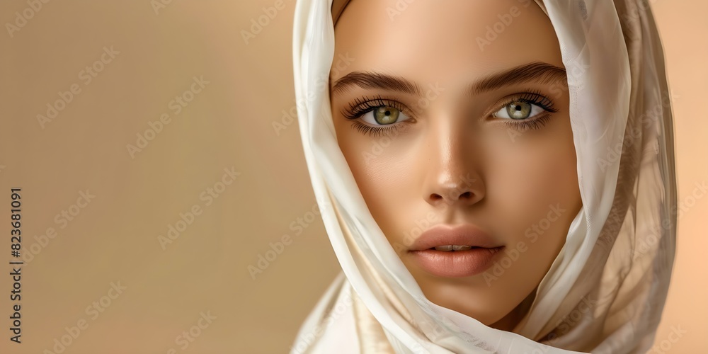 Fashionable model with a white headscarf ready for magazine covers and ads. Concept Fashion Photography, Headscarf Styling, Editorial Shoot, Magazine Cover, Advertising Campaign Fashionable model with a white headscarf ready for magazine covers and ads. Concept Fashion Photography, Headscarf Styling, Editorial Shoot, Magazine Cover, Advertising Campaign