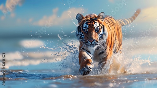 Ferocious Sprint  A Tiger s Thunderous Charge through Ocean Waves