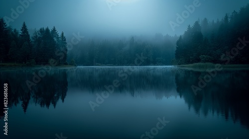 Dark sky before sunrise with a hint of light, quietly raining, peaceful forest or lake photo