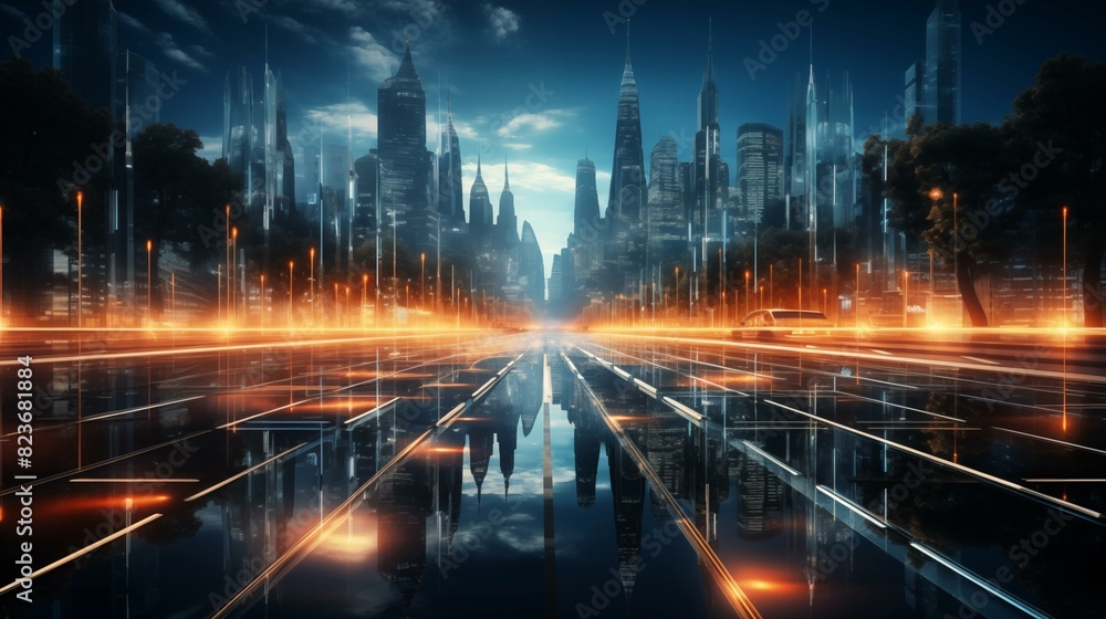 Abstract background of high speed global data transfer and super fast broadband in futuristic tech city at night - Generative AI illustration Abstract background of high speed global data transfer and super fast broadband in futuristic tech city at night - Generative AI illustration