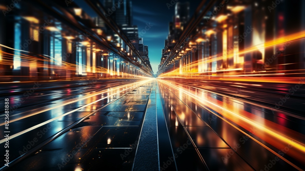 Fototapeta premium Abstract background of high speed global data transfer and super fast broadband in futuristic tech city at night - Generative AI illustration 
