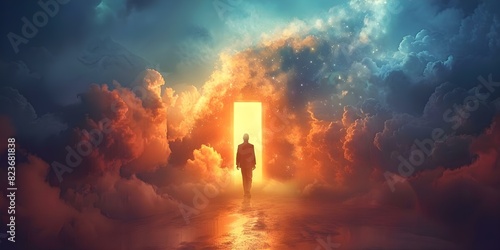 A persons soul transitions from life to afterlife symbolized by a heavenly door. Concept Afterlife Journey, Soul Transition, Heavenly Door, Spiritual Symbolism, Life Beyond photo