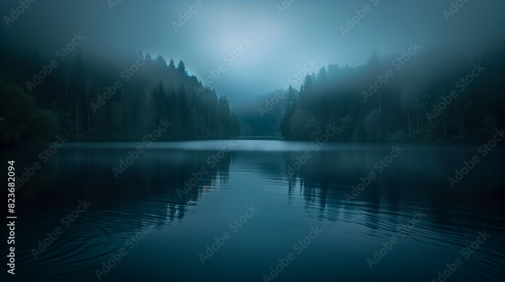 Fototapeta premium Dark sky before sunrise with a hint of light, quietly raining, peaceful forest or lake