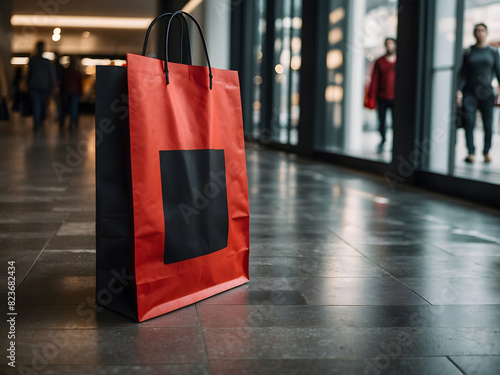 Black and red shopping bag on the floor in a shopping center. Black Friday mood, discounts, and sales concept design. photo