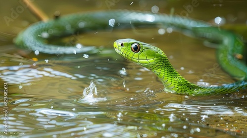 river serpent green snake slithers through glistening waters reptile wildlife photo photo