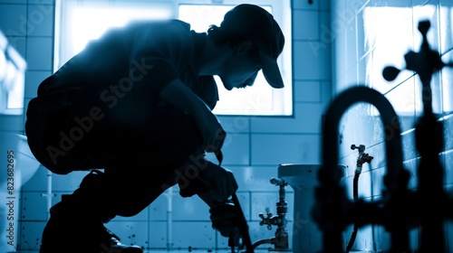 Plumber fixing a clogged drain, professional service, silhouette, bathroom. photo