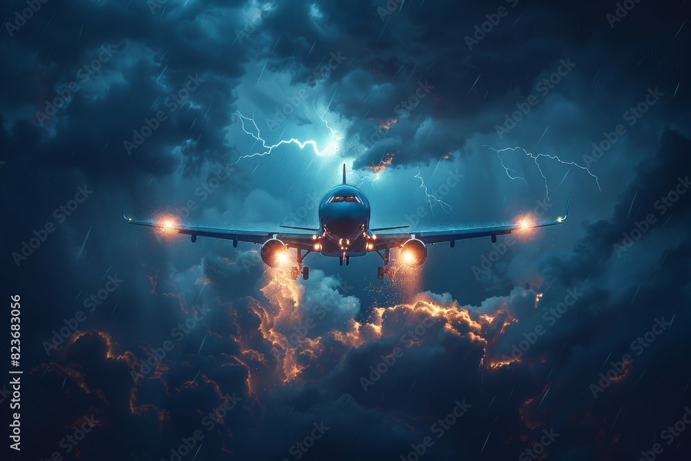 Naklejka premium Jetliner navigating through thunderstorm with dramatic lightning