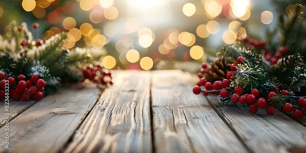 Blurred Christmas background with a wooden terrace and white table top perspective. Concept Christmas Decor, Wooden Terrace, White Tabletop, Blurred Background