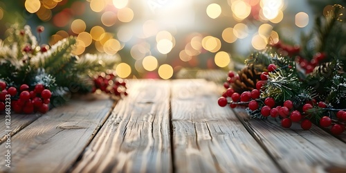 Blurred Christmas background with a wooden terrace and white table top perspective. Concept Christmas Decor, Wooden Terrace, White Tabletop, Blurred Background photo