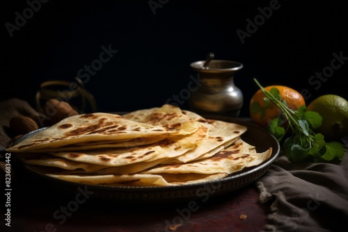 Exquisite quesadilla on a metal tray against a natural linen fabric background