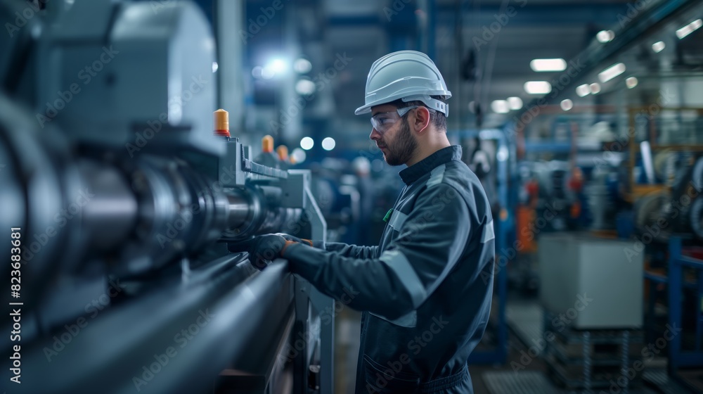 Industrial worker operating heavy machinery in a modern manufacturing plant during the day. Industrial worker operating heavy machinery in a modern manufacturing plant during the day.