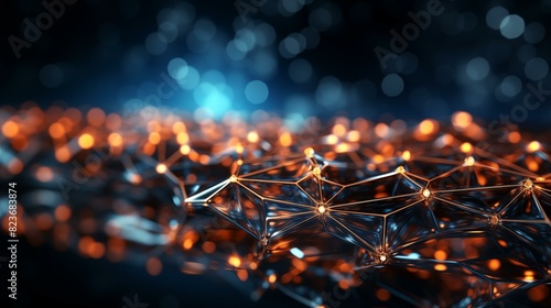 Abstract technology background of a quantum computing system with a cyber network grid and connected particles. Artificial neurons global data connections Generative AI 
