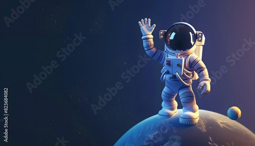 A 3D cartoon astronaut waving while standing on a tiny planet