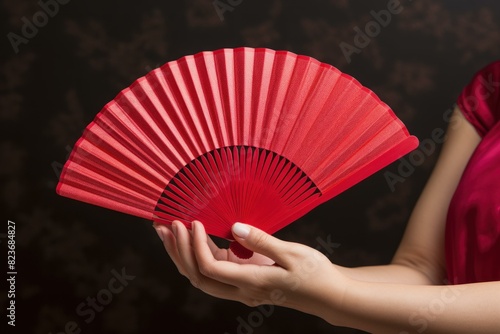 Close-up on delicate hands presenting a vibrant red folding fan against a dark backdrop