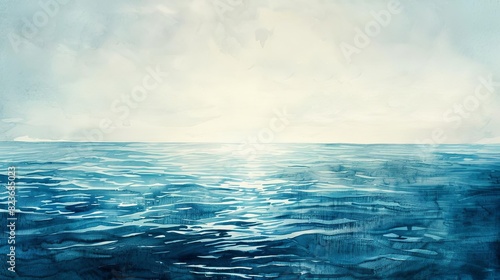 serene ocean horizon blending into endless sky symbolizing freedom and escape from modern world watercolor painting photo