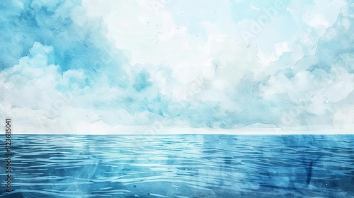 serene ocean horizon blending into endless sky symbolizing freedom and escape from modern world watercolor painting