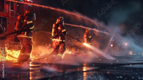Firefighters in protective gear battling a blaze with water hoses