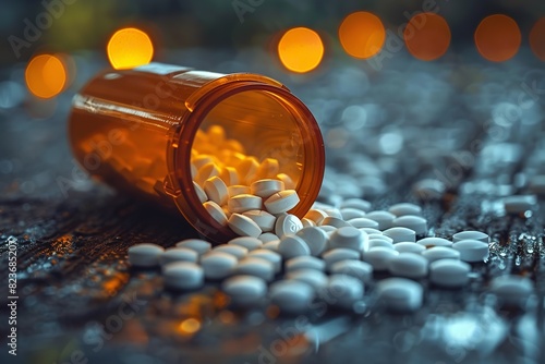 Dispersed prescription pills represent the opioid epidemic. Generative Ai