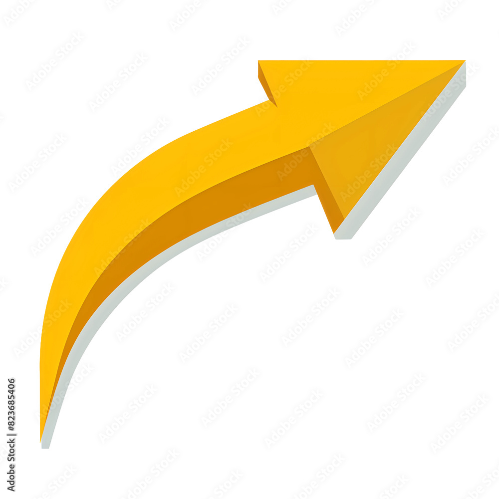 3D yellow arrow curving upwards with shadow, isolated on transparent background, Generative AI 3D yellow arrow curving upwards with shadow, isolated on transparent background, Generative AI