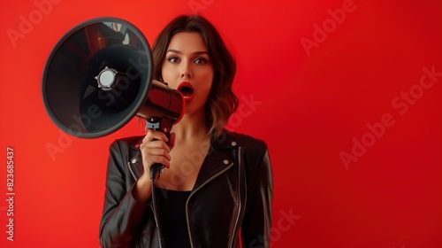 A stylish brunette woman in a chic outfit holding a loudspeaker, her expression filled with urgency as she announces Black Friday sales photo