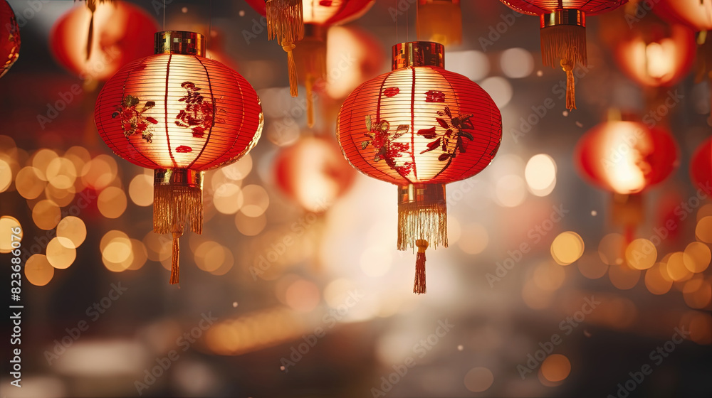 Contemporary Chinese New Year Red Lanterns Hanging Down in the style of Bokeh Panorama Traditional Modern Fusion Landscape On Blurry Background Contemporary Chinese New Year Red Lanterns Hanging Down in the style of Bokeh Panorama Traditional Modern Fusion Landscape On Blurry Background